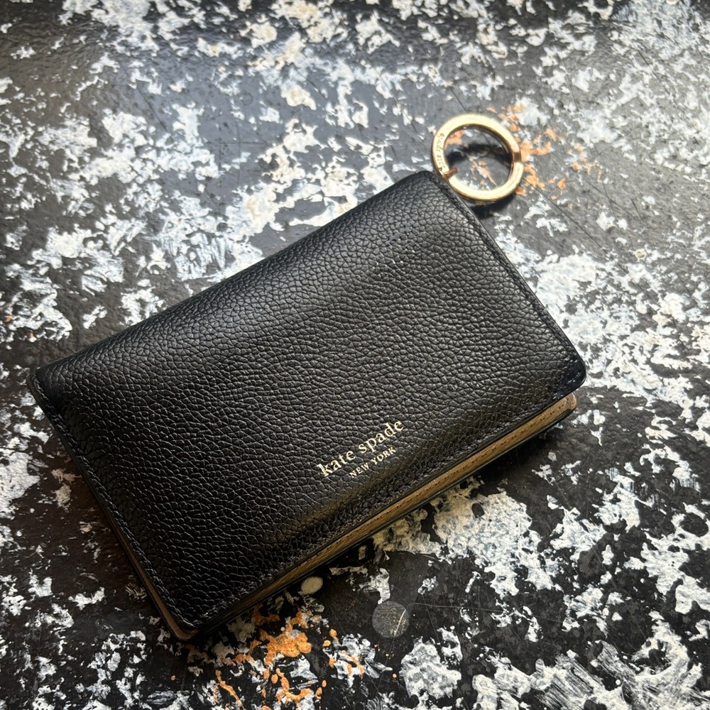 kate spade Black Pebbled Leather Card Holder with Gold Key Ring